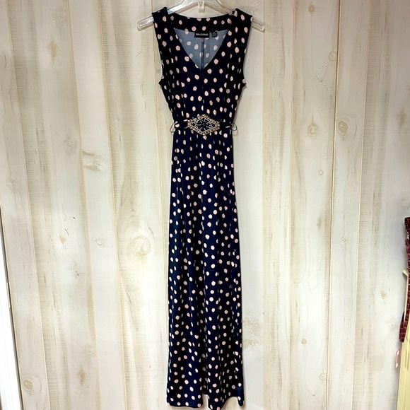 Nina Leonard Navy Pink Polka Dot V Neck Maxi Dress Beaded Accent, Sz M - Picture 2 of 7